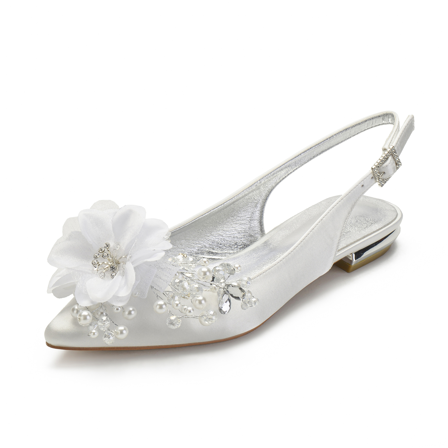 Creativesugar open toe satin dress flats with pearls flower bridal wedding prom shoes white ivory slingback shoes sweet lady